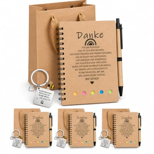 JadeLink 4 Sets Abschiedsgeschenk Erzieherin,Inklusive Notizbuch, Schlüsselanhänger und Geschenktüten, Dankeschön Geschenk für Lehrerin Tagesmutter Erzieher Kita Kindergarten