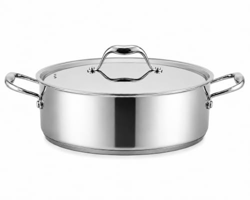 DELARLOCHEF Schmorpfanne 28cm 5,6 L mit Edelstahldeckel, Unbeschichtet | 7mm 3‑lagiger Boden Servierpfanne, PFOA Frei, Spülmaschinenfest, Hitzebeständig bis 400 °C, für alle Herdarten Geeignet