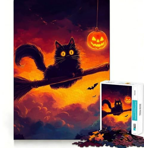 1000 Piece Jigsaw Puzzle Black Cat on Broom Tight Fit Piece, Creative Fun Toy, Cozy Fun Time, Birthday Decor Gift (38x26cm)