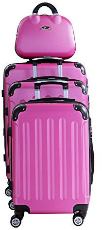 INVIDA Glüückskind Koffer Trolley Handgepäck Reisekoffer Hartschalenkoffer Zwillingsrollen M-L-XL-Set Dehnungsfuge 5 Farben (Pink 4er Set)