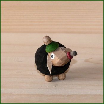 Rudolphs Schatzkiste Holzfigur Weihnachtsfigur Schaf Babyschaf schwarz, Mütze grün Höhe ca 3,0cm NEU