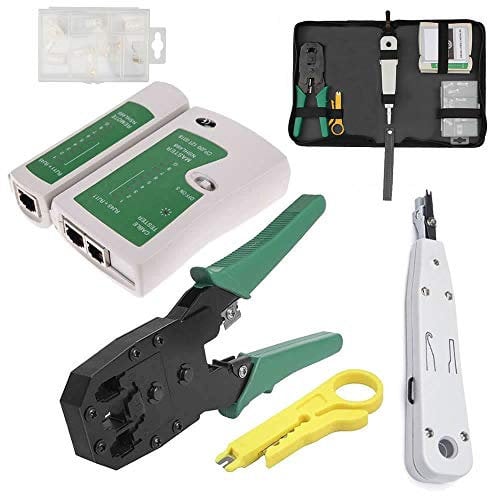 JUSTOP Pro RJ45 Ethernet Network Cable Tester Crimping Crimper Stripper Cutter Tool Kit 10x RJ11/RJ45 Connectors with Holder Case
