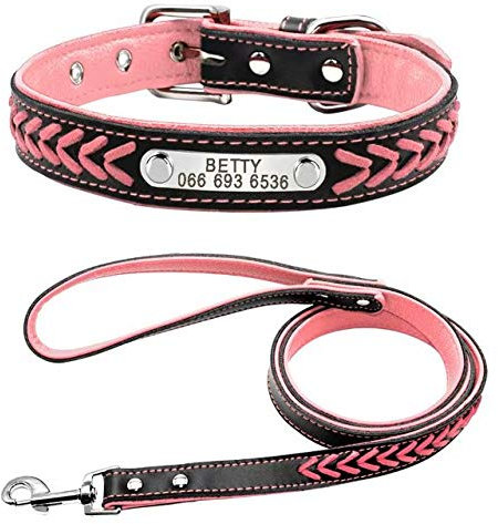 Beirui - Collier en Cuir véritable Souple tressé pour Chien - avec Plaque Personnalisable et Laisse de 120 cm - Rose,M(31-38cm Neck)