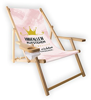 MultiBrands® Holz-Liegestuhl, mit Armlehne und Getränkehalter, klappbar, Motiv Krone