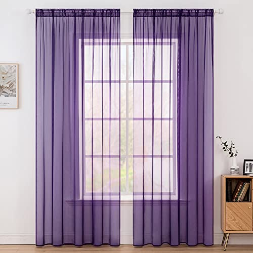 MIULEE Vorhänge Gardinen, Stangendurchzug Violett, 2er Set 260x140cm | Transparente Gardine aus Voile, Luftig Leicht, Einfarbig Dekoschal für Wohnzimmer & Schlafzimmer