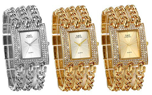 JewelryWe 3pcs Damen Uhren Elegant Analog Quarz Armbanduhr Strass Rechteckig Beiläufige Uhr mit dreifach Panzerkette Armband, Gold Silber
