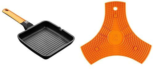 BRA Efficient Orange - Grill Asador Con Rayas, 28 Cm, Aluminio Fundido Con Antiadherente Platinum Plus, Apto Para Inducción + Salvamanteles, Silicona, Naranja, 2 Unidades