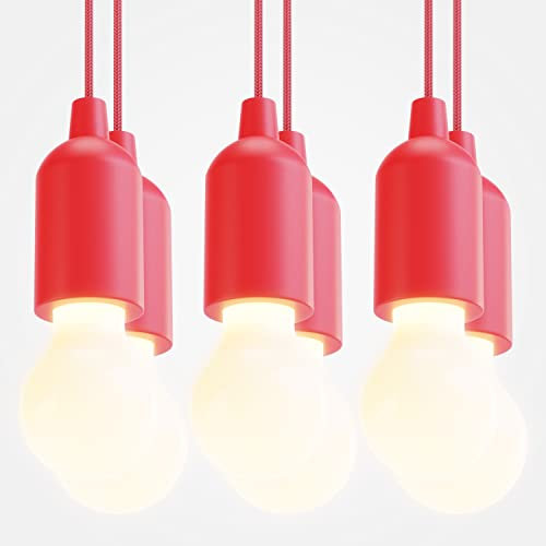 ABSINA Lámpara LED a pilas roja - 6x Pull Light 1W incl. pilas - luz inalámbrica blanco cálido - Lampop LED Bombilla Portátil Lámpara del Cordón - luz para camping