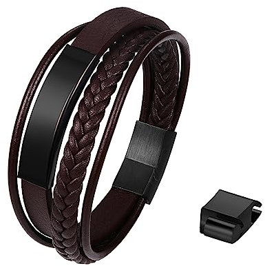 JewelryWe Schmuck Personalisierte Herren Armband mit Gravur, Geflochten Mehrreihiges Lederarmband mit Edelstahl Magnetverschluss Verstellbar Armreif Manschette schwarz