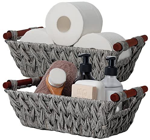 GRANNY SAYS Wicker Storage Baskets for Shelves, Pack of 2 Shelf Storage Baskets Small, Handwoven Wicker Boxes with Handles for Bathroom Organising, Decorative for Entryway Bedroom, Grey