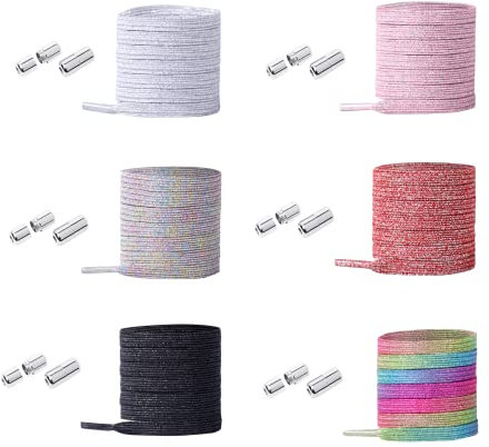 beifon 6 Paar Schnürsenkel Ohne Binden mit Schnellverschluss Elastische Schnürsenkel mit Metallkapsel Schleifenlose Schuhbänder mit Kapseln Metallverschluss Gummi Schuhband No Tie Shoelaces Glitzer