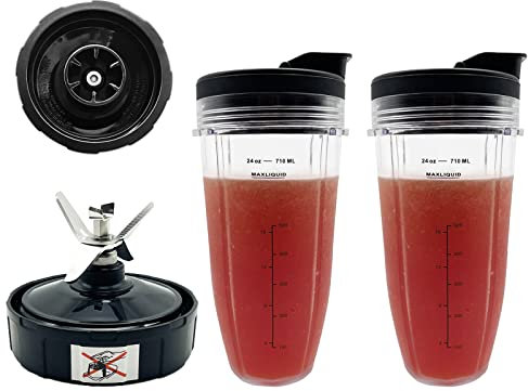 Blender 24 oz Cups with Lids & 6 Fins Female Blade Replacement Parts for Ninja, Extractor Blade for Nutri Ninja Auto iQ BL450-70, BL451-70, BL455-70, BL456-70, BL480-70, BL480D-30 DOB, BL480D-70