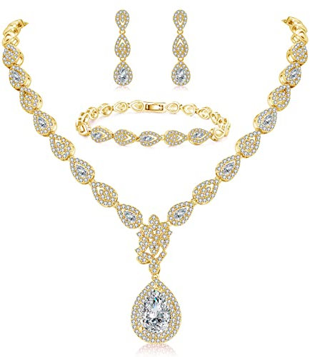 Deyanse Braut Schmuckset, Träne Halsketten für Frauen & Ohrringe Hängend & Armband Set, Gold Hochzeit Schmuckset mit 5A Weiß Zirkonia, Damen Schmuck Set mit Geschenkbox für Braut Liebhaber Frauen