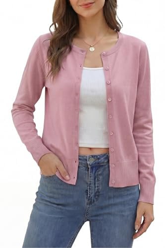 VOTEPRETTY Strickjacke Damen Leichte Cardigan Sommer Kurz Rundhals Strickjacken Langarm Strickmantel mit Knöpfe