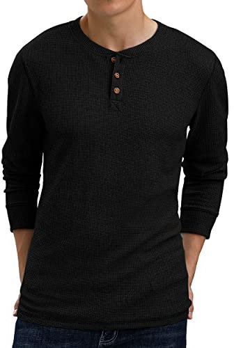Sailwind Mens Long Sleeve T Shirt Henley Waffle Tops for Men Casual Sweatshirts(Black, L)