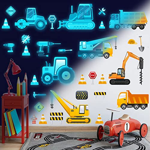 Transporte Auto Wandsticker Wandtattoo Kinderzimmer Jungen Auto Wandsticker Cartoon Fahrzeuge Leuchtend Wandaufkleber Traktor Bagger Leuchtsticker für Junge Mädchen Schlafzimmer Babyzimmer Wanddeko