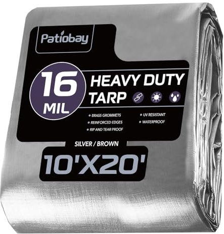 Patiobay Tarp 10x20FT, 16 Mil, Heavy Duty Waterproof Tarps with Grommets Every 23.6, 420D Thick Plastic Tarp, UV Resistant, Tear & Fade Resistant, Reinforced Edges for Outdoor Pool, Camp, Tent