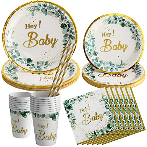Maclunar Babyparty Deko Partygeschirr Set für 20 Gäste,100 Stück Baby Shower Eukalyptus Pappteller Neutral Geschirr Teller Set Servietten Papierteller Becher Strohhalme,Babyparty Deko Junge Mädchen