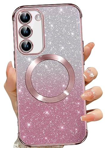 Phoona für Samsung Galaxy S23 Hülle, Magnetisch Handyhülle Kompatibel mit MagSafe, Keine Vergilbung, Kratzfeste, Ganzkörperschutz Glitzer Hülle für Samsung Galaxy S23 5G, Mit 2 Schutzfolie, Rosa