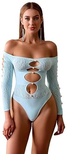 Bommi Fairy Women's Sexy Off Shoulder Long Sleeve Bodysuit Cute Tops Cut Out Front Mesh Tight One Piece Teddy Bright Artificial Pearls Bodystocking (Light Blue)