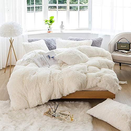 Sacebeleu Plüsch Bettwäsche Set 200x220cm Weiß Creme Warme Winter Flauschig Flanell Biber Mädchen Bettbezug Deckenbezug mit Reißverschluss und 2 Kissenbezug 80x80cm Doppelbett