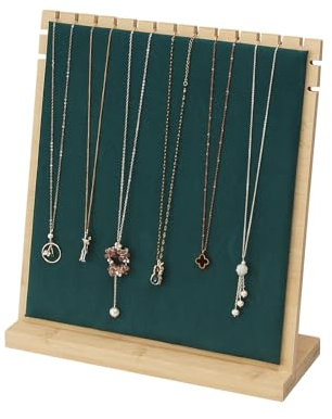 Justsoso Espositore per collane in bambù, porta gioielli in legno, organizer per catene e gioielli, espositore da tavolo per casa o negozio (velluto verde scuro)