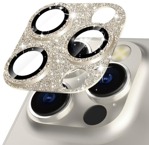 imluckies Glitzer Kameraschutz für iPhone 15 Pro/iPhone 15 Pro Max, Glänzender Metallring Gehärtete Glasrückseite Anti-Kratzen Kamera Displayschutzfolie für 15Pro / 15 ProMax, Gold