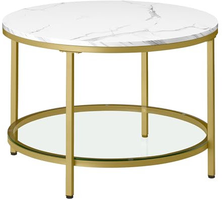 VASAGLE Table Basse, Table de Salon, Façon Marbre, Support en Verre Trempé, Facile à Assembler, Style Moderne, Blanc Marbré et Doré Clair LCT072W59