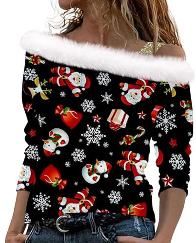 Pullover Damen Damen Weihnachts-Sweatshirt Snowman Norweger Pullover Damen Hoodie Damen Lang Weihnachten 3D Druck Plüsch Schulterfrei Langarm Pulli Shirt Mit Schulterriemen Xmas Totenkopf Shirt Damen