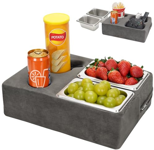 Tassenkissenhalter für Couch – Becherglas gemütliches Kissen | Bett Couch Becherhalter mit SS-Lebensmittelbehälter für Nudeln, Obst, Snacks, Fernbedienung | Sofa Drink Buddy für Auto, Wohnmobil,