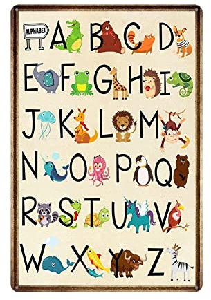 GQWJKSZ Alphabet-Poster, niedliche Tiere, Poster, Blechschild, dekoratives Schild, Schule, Klassenzimmer, Dekoration, Metalltafel, 20,3 x 30,5 cm