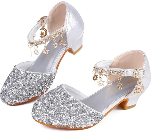 KUWIBY Girl Sandals Glitter Princess Shoes Sequin Party Shoes Bling Bowknot High Heels Wedding Birthday Dress Comfort Bright Diamond Cosplay Dance for Little Girls Christmas Sliver
