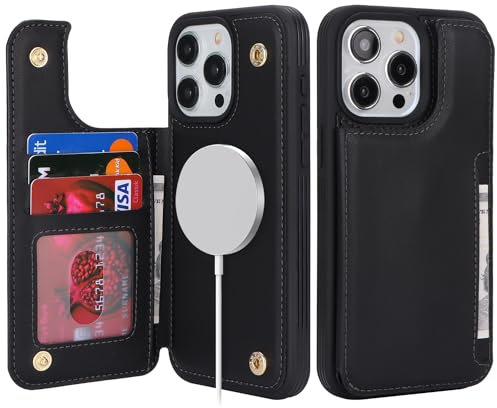 SailorTech for iPhone 15 Pro Max Case with Credit Card Holder Magsafe, iPhone 15 Pro Max Phone Leather Case for Women Compatible mag safe Card Slots Durable Shockproof Wallet Case - Black