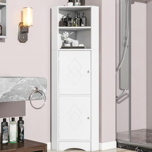 KOMHTOM Weißes Sideboard Badezimmerschrank, Eckschrank mit Zwei Türen und Zwei offenen Ablagefächern Mehrzweckschrank für Wohnzimmer Schlafzimmer Bad (Weiß)
