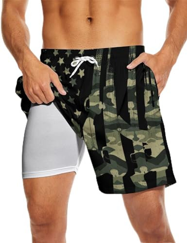 MSCPZH Herren-Badehose mit USA-Flagge, Kompressionsfutter, 17,8 cm, Schwarz, amerikanische Flagge, Boardshorts, Dunkelgrün, L
