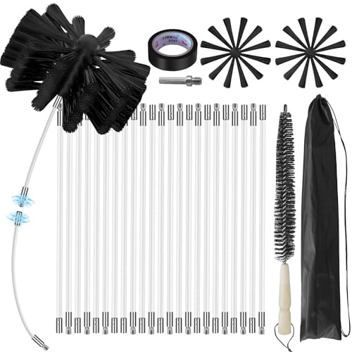 Kit de Balayage de cheminée 30 Pieds - Tête de Brosse 6 Pouces, Nettoyeur d'évent de séchage, système de Nettoyage Rotatif pour Mouches/cheminée/Tuyau d'assemblage/Capuchon avec 23 tiges Flexibles en