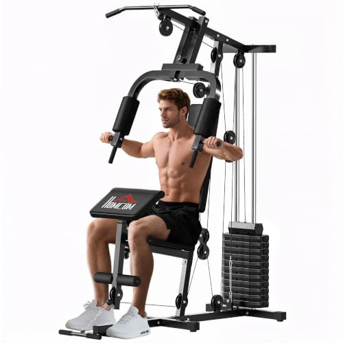 HOMCOM Power Tower con Seduta e Schienale Imbottiti 135x103x210cm | Pesi da 65 kg, Palestra Multifunzione, Chest Press, Butterfly, Leg Curl, Dischi, Barra per Trazioni e Dip