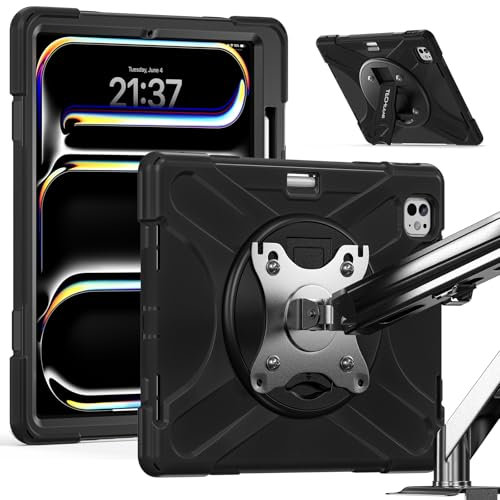 TECHGEAR X-Case avec trous VESA 75 x 75 mm pour Apple iPad Pro 12,9 2022 2021 6e et 5e générations, étui robuste pour tablette, support à 360°, fonctionne avec VESA 75 mm