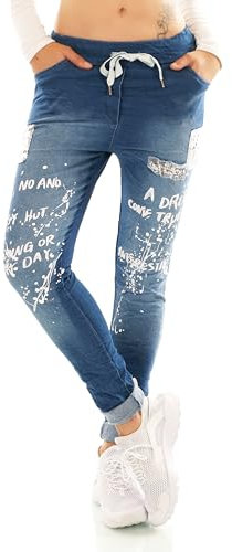 STIDIA Damen Hose Jeans Denim Look Jogpants Baggy Boyfriend Freizeithose Schriftzug Pailletten (DE/NL/SE/PL, Alphanumerisch, Einheitsgröße, Regular, Regular, Dunkelblau)