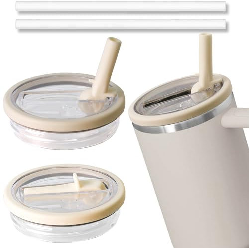 Uixxducc 2pcs 40oz Geeignet für Stanley Cup Zubehor Deckel Mit Transparent Pipette, Wiederverwendbare Becher Deckel Für Quencher Auslaufsicherer Langlebiger Deckel (Beige)