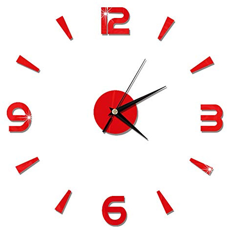 Sunicon DIY-Wanduhr-Dekor-Aufkleber, 1 mm Acryl-Spiegel, Rahmenlos, große DIY-Wand, Moderne 3D-Wanduhr-Aufkleber, Uhren-Set für Zuhause, Büro, Raumdekoration (Rojo)