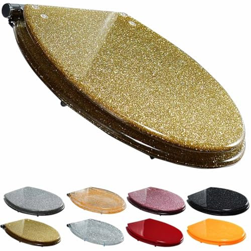 Toilet Seat, Heavy Duty Glitter Toilet Seat Soft Close with Quick Release, Top/Bottom Fixing Easy Installation(Gold)