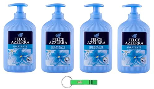 4 saponi Felce Azzurra Sapone Liquido Muschio Bianco – Sapone Liquido Muschio Bianco – Ideale per mani e viso 300 ml + Portachiavi Beni Culinari