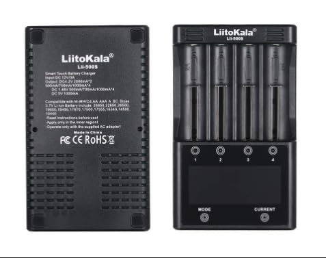 Glaxcidy LiitoKala Lii-500S Akku Schnellladegerät mit LCD Touch Display, USB 5V 1000mA Mobiler Ausgang, für 14500 18650 26650 Li-lion(4.2V) AA AAA Ni-MH(1.48V), Test/Entlade Modus 12V3A Adapter, 4 Bay