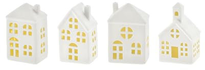 LED Keramik Haus weiß 11 cm - 4er Set - Deko Weihnachtsdorf mit Beleuchtung in warm weiß - Weihnachts Tisch Deko Aufsteller Winter Haus