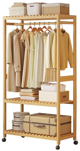 Garderobenständer aus Bambus mit Kleiderstange, Garderobe mit Oberes Lagerregal und Doppeltes Lagerregal, Kleiderständer mit auf Rollen für Schlafzimmer, Ankleide, Wohnzimmer, 83/98 * 34 * 160 CM