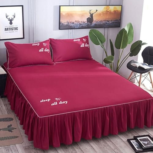 Jupe de Lit Cache Sommier Polyester 120x200 Bonnet 1 Personne à Volants, Drap Housse Rouge Vin Couleur Unie avec Elastique