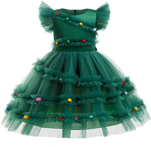 Aislor Vestito Albero di Natale Bambina Vestito Natalizio Elegante Abito in Tulle con Volant a Maniche Corte Abito da Principessa Costume di Babbo Natale Verde 3-4 Anni