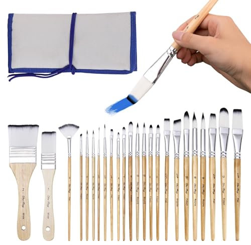 24Pcs Acrylic Paint Brush Set with 1 Pcs storage bag, Nylon Hair Artist Paint Brushes for Watercolor, Acrylic, Oil, Rock Painting, Professional Paint Brushes for Artists and Adults