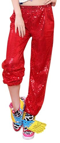 Damen Pailettenhose Sexy Lockere Hose Glänzende Pailletten Streetware Elegante Glitzer Hose Damen Lang Hip Hop Kleidung Temperament Haremshosen Karneval Kostüm Damen Partyhose (Red, L)